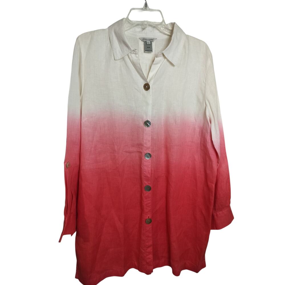 4359) John Mark Ombre Red White Linen Long Sleeve Button Up Tunic Top Large